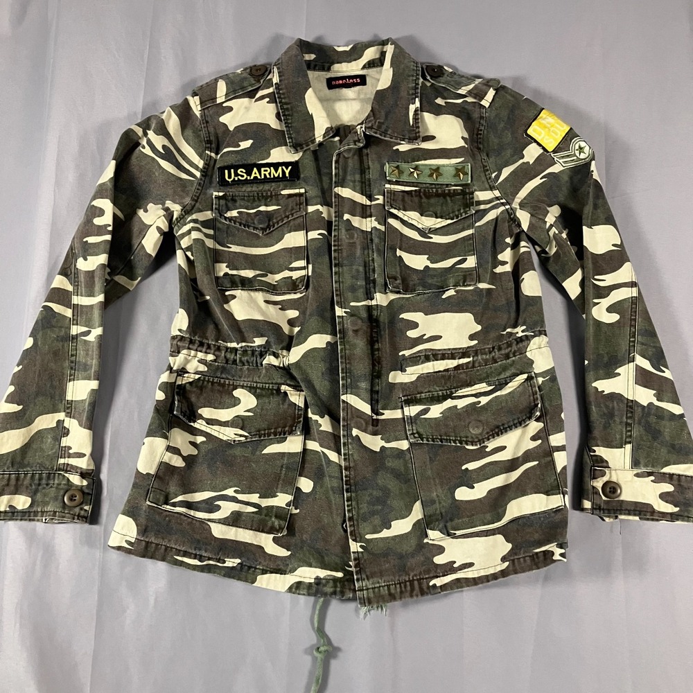 Nameless Camo Military Jacket Women's Small Patches Army Style Utility Coat